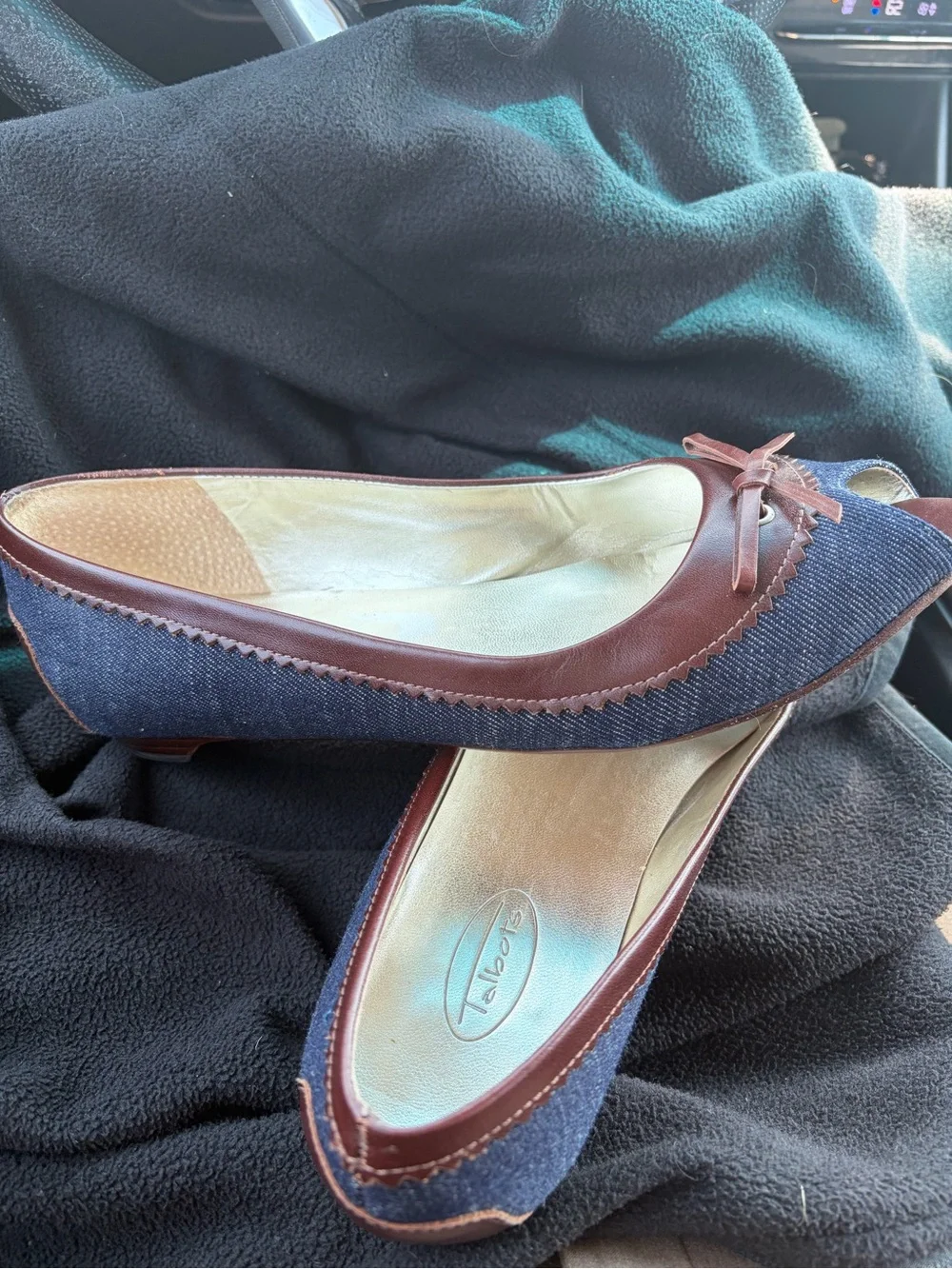 Talbots Denim and Brown Peep-Toe Ballet Flats